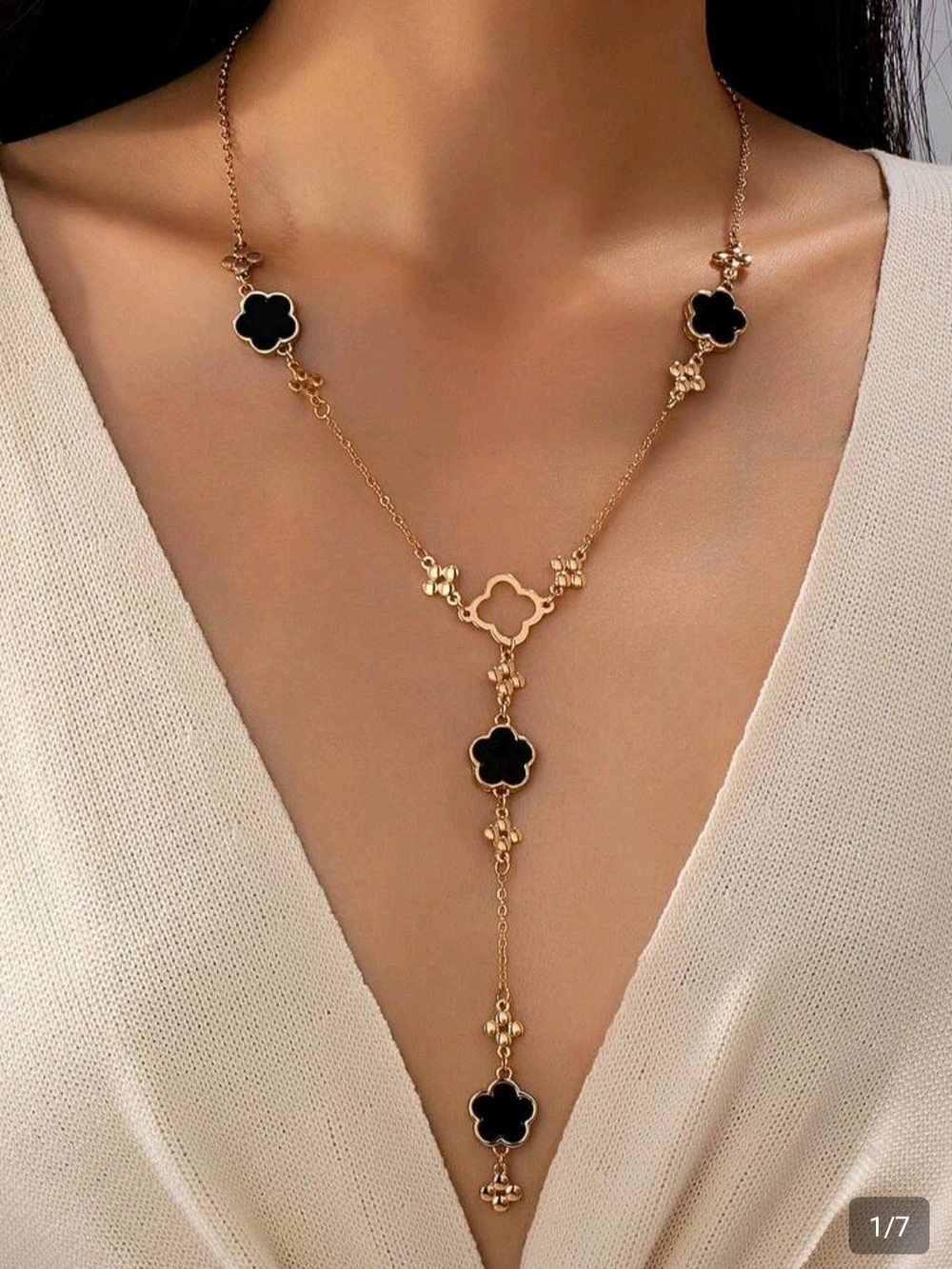 Fashion Jewelry Gold Lariat Necklace with Black Clover Accents